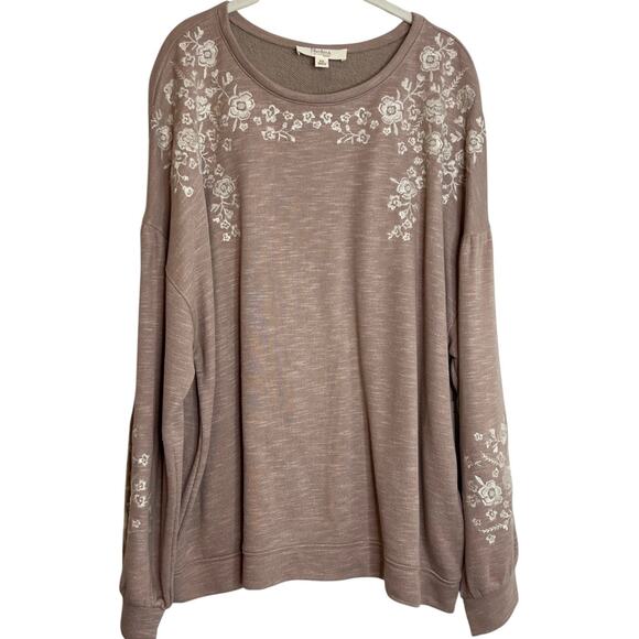 Nurture by Westbound Womens Knit Top Plus Size 2X Sweet Taupe Embroidered Floral - Picture 1 of 9